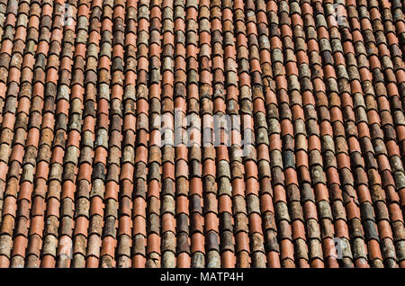 Close-up view of traditional terracotta roof tiles, alternating between weathered and new, creating a rich pattern of textures and earthy tones, filli Stock Photo