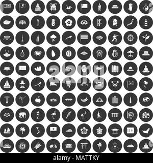 100 asian icons set black circle Stock Vector