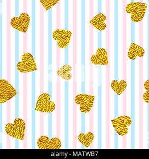 golden hearts on striped background Stock Vector
