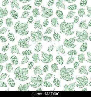 Seamless texture with detailed sketch beer icons and leaves on white background Stock Vector