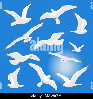 Seagulls isolated on blue background. Vector illustration. Eps 10 Stock Vector