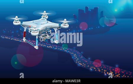 Drone with video camera In The Air Over City Roadway. Unmanned Aircraft System or UAV monitoring street traffic or photography urban landscape in the  Stock Vector