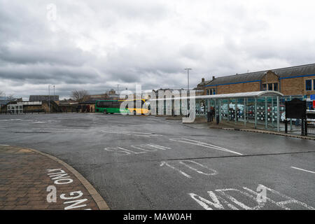 Skipton bus station North Yorkshire on a wet afternoon in late March 2018 Stock Photo