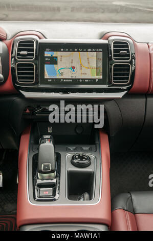 Infotainment screen displaying a map on the Citroen C5 Aircross as on a test drive in Shanghai, China. Stock Photo