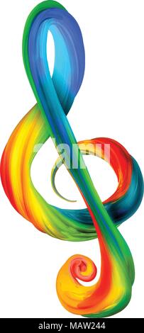 Colorful treble clef in the form of twisted paint on a white background Stock Vector
