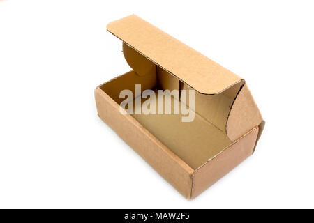 Open empty cardboard box or brown paper box isolated on white background. Stock Photo