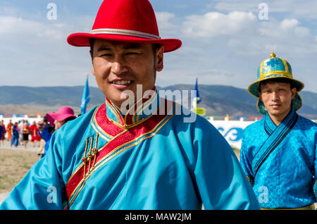 Traditional Costumes at the Naadam Festival Opening Ceremony, Murun, Mongolia Stock Photo