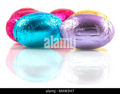 Chocolate eggs in colorful foil for easter day isolated on white background with reflection, Colorful color Chocolate eggs for Easter. Stock Photo