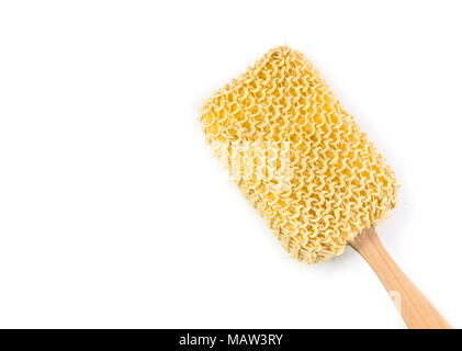 Loofah scrub brush body with long handles on white background. Stock Photo