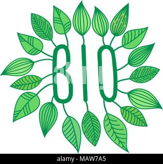 Green bio sign in with growing leaves, vector label and tag, ecological concept sticker, letters Stock Vector