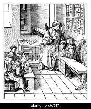 Holy Roman Emperor Maximilian tutoring the to be christened children, reproduction from an engraving of Hans Burgkmair, XVI century Stock Photo