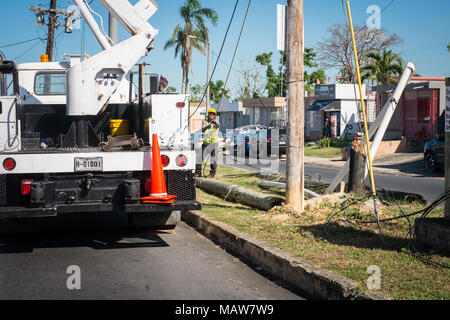 San Juan, Puerto Rico. 02 December, 2017. Workers repair the power grid of Puerto Rico bit by bit several months after Hurricane Maria devastated the island. Credit: Sara Armas/Alamy Reportage. Stock Photo