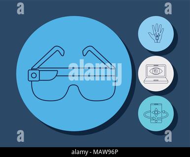 ar glasses and virtual reality related icons over colorful circles and blue background, vector illustration Stock Vector