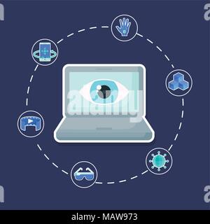 video content symbol and virtual reality related icons around over blue background, colorful design. vector illustration Stock Vector