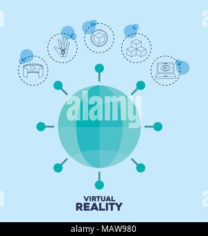 global connection sphere and virtual reality related icons over blue background, colorful design. vector illustration Stock Vector