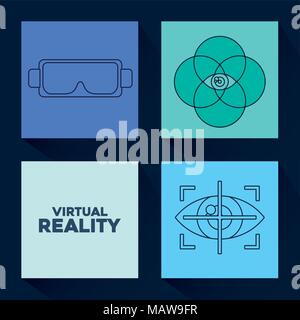 Icon set of virtual reality concept over colorful squares and blue background, vector illustration Stock Vector