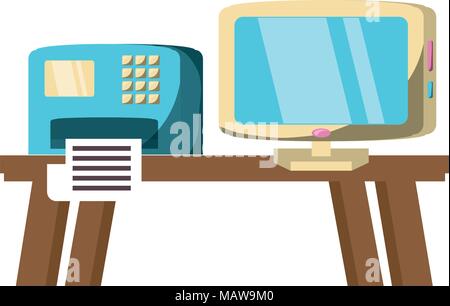 desk with printer and computer over white background, vector illustration Stock Vector