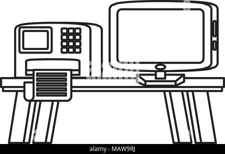 desk with printer and computer over white background, vector illustration Stock Vector