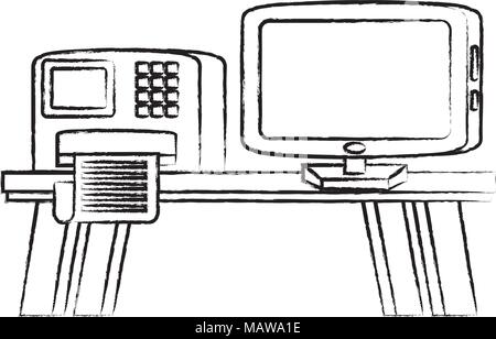 desk with printer and computer over white background, vector illustration Stock Vector