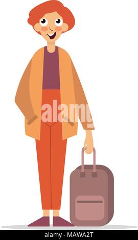Traveler character icon. Fellow traveler. Man in casual clothes with trolley suitcase, template vector illustration isolated on white background. For  Stock Vector
