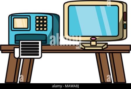 desk with printer and computer over white background, vector illustration Stock Vector