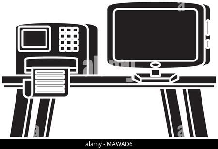 desk with printer and computer over white background, vector illustration Stock Vector