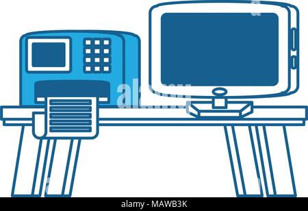 desk with printer and computer over white background, vector illustration Stock Vector