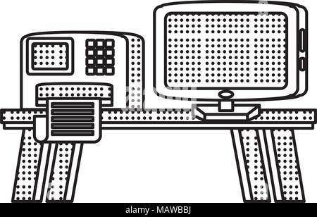 desk with printer and computer over white background, vector illustration Stock Vector