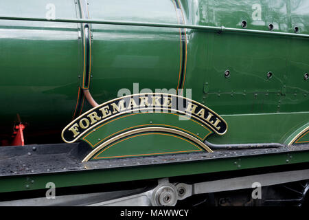 GWR Hall Class 'Foremarke Hall' nameplate, Gloucestershire and Warwickshire Steam Railway, UK Stock Photo