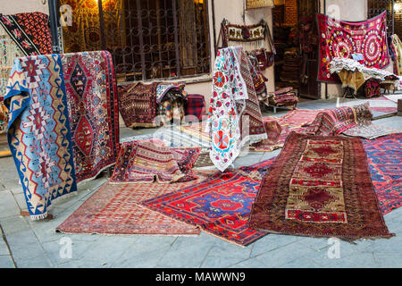 Traditional Georgian Carpets and Kilim Rugs with typical geometrical patterns  in Tbilisi Georgia Europe Stock Photo