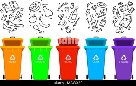 Recycling garbage elements. Bag or containers or cans for different trashes. Sorting and Utilize food waste. Ecology symbol. Segregation Separation and Industry management concept. disposal refuse bin Stock Vector