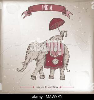 Vintage travel illustration with decorated Indian elephant Stock Vector