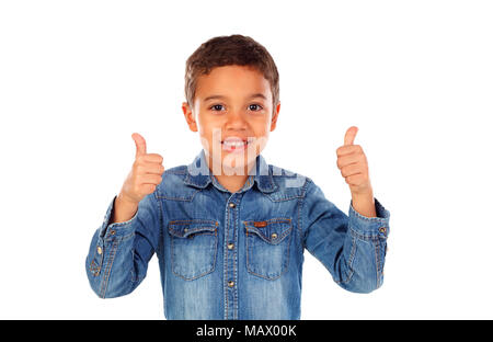 Funny small child saying Ok isolated on white background Stock Photo