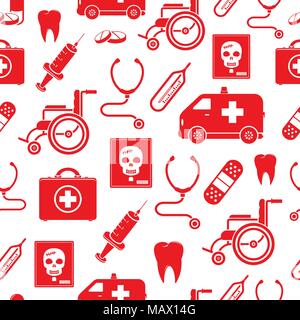 Medical seamless pattern in red color Stock Vector