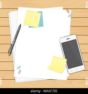 Workplace organization. Top view with wooden table, smartphone, pen, paper, sticky notes and paper clips. Stock Vector