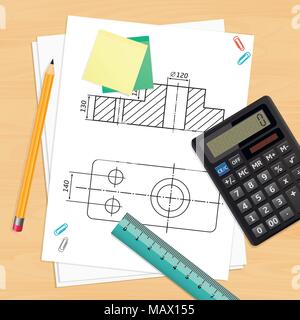 Engineer workplace with tools and technical drawing Stock Vector