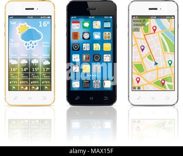 Modern vector smartphones with widgets on screens Stock Vector