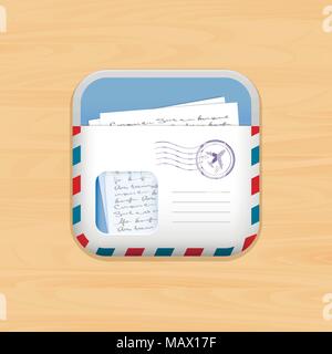 Envelope mail app icon on wooden background. Stock Vector