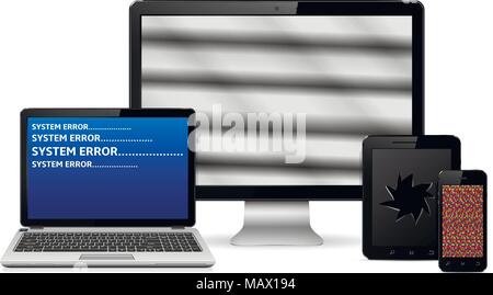 Vector set of faulty digital devices isolated on white background Stock Vector