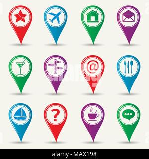 Set of map pointers for various services. Vector illustration. Stock Vector