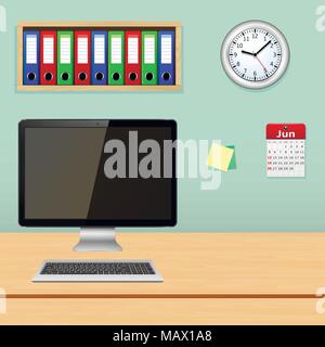 Designer workplace with computer pc, file folder, calendar and wall clock, vector illustration Stock Vector