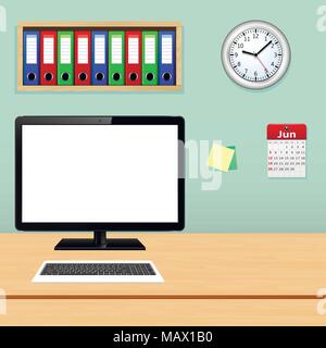 Office workplace with computer pc, file folder, calendar and wall clock, vector illustration Stock Vector