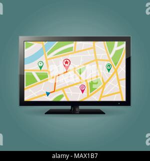 GPS map on modern LCD TV screen, vector illustration, Stock Vector