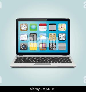 Modern laptop with app icons on screen Stock Vector