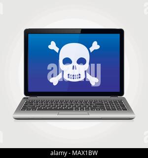 Business laptop with skull on the blue screen Stock Vector