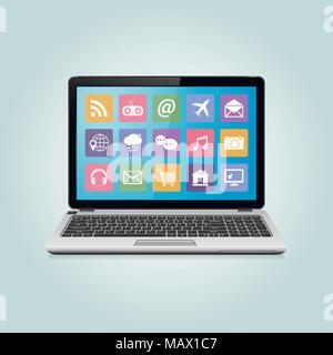 Modern business laptop with icons on the screen Stock Vector