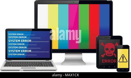 Set of destroyed laptop, tablet computer, smartphone and computer display isolated on white background. Stock Vector