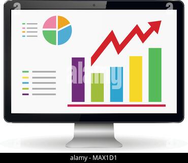 Monitor with graphs on the screen isolated on white background Stock Vector