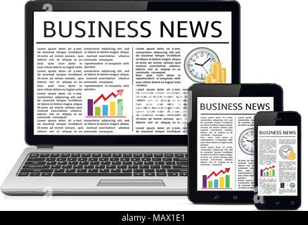 Laptop, tablet PC computer and touchscreen smartphone with web business news on screen Stock Vector