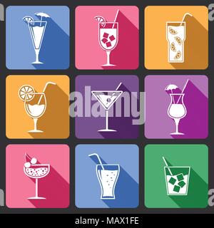 Cocktail flat icons with long shadow Stock Vector
